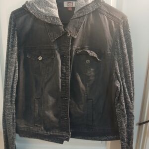 lei Black Denim Jacket with Gray Knit Hood & Sleeves
